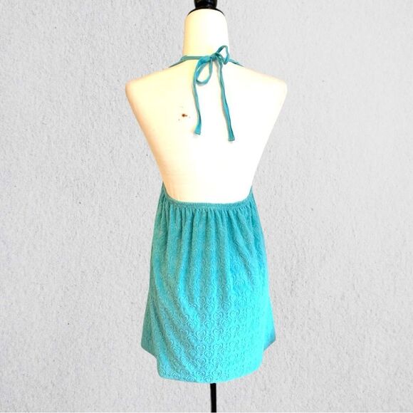 Y2K terrycloth halter turquoise mini dress swim cover - Picture 4 of 9
